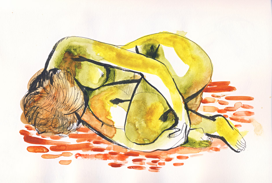 femme nue recroquevillée à l'aquarelle, atelier de nu