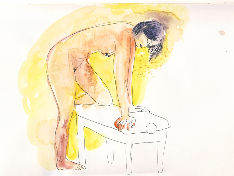 femme penchée, atelier de nus à l'aquarelle