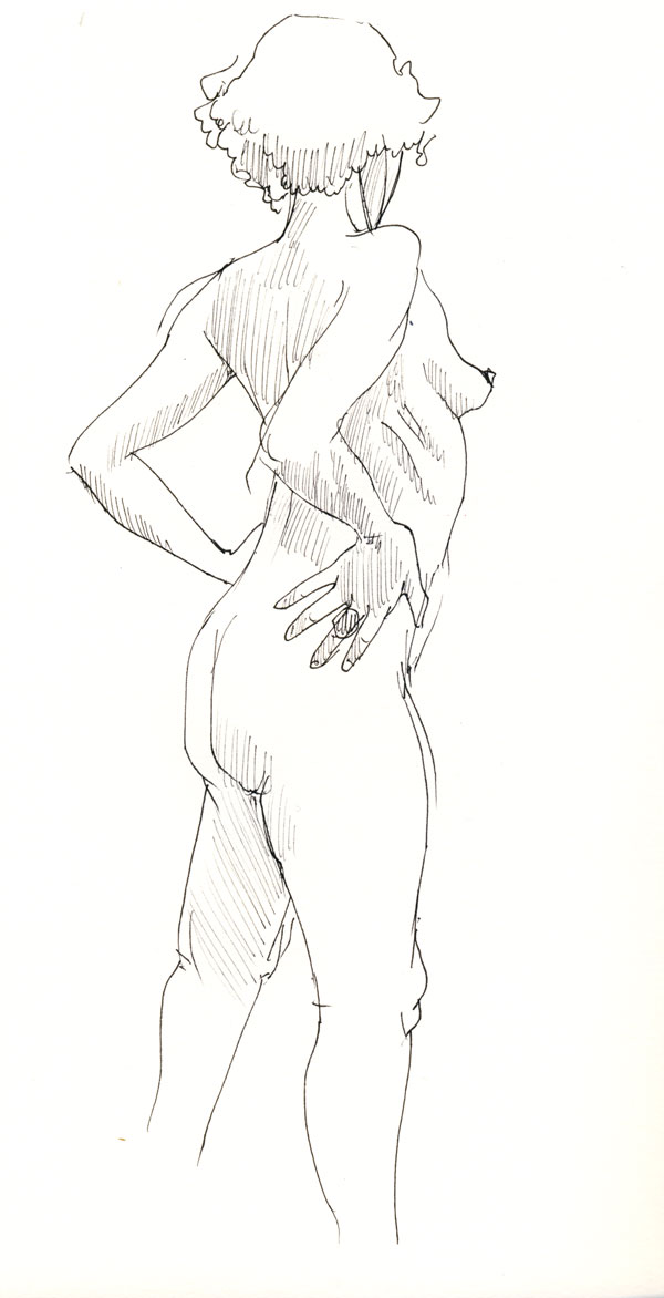 dessin de nu, femme debout de dos au stylot