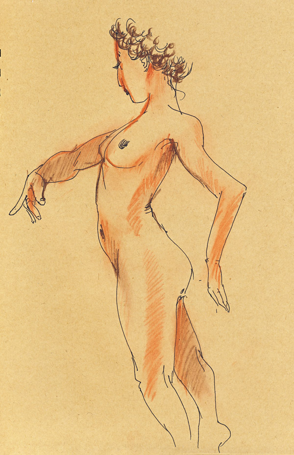 dessin de nu au pastel sur papier craft, atelier, femme nue, crayon pastel