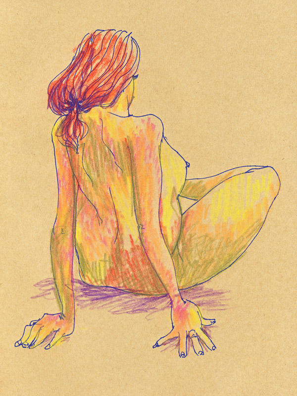 dessin de nu au pastel sur papier craft, atelier, femme nue plein de couleurs, crayon pastel