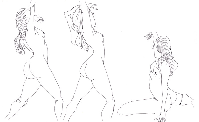 dessin de nu rapides, 3 poses au stylot noir