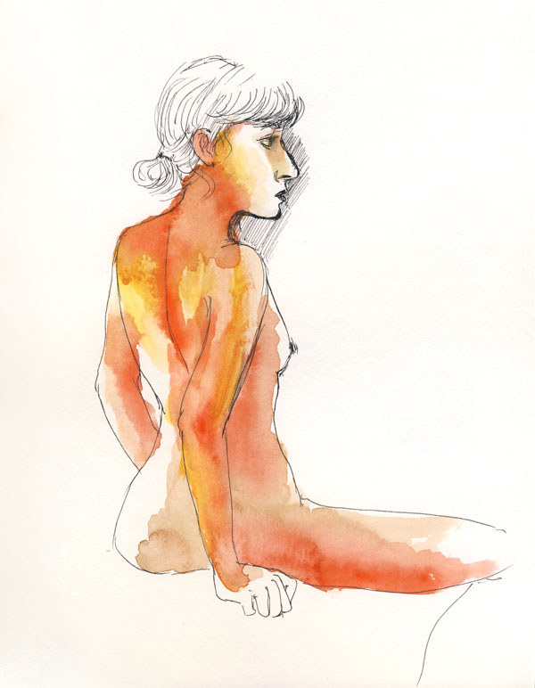 dessin de nu, atelier de modèle vivant, femme nue, profil aquarelle rouge orange