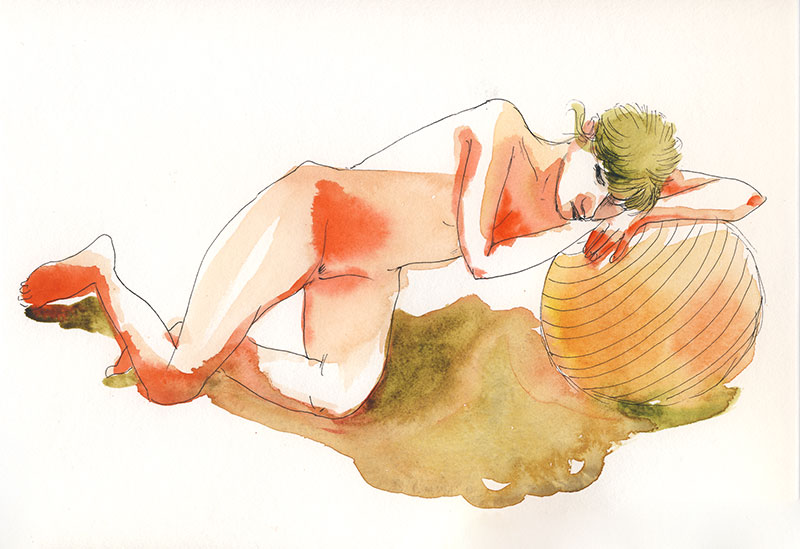 dessin de nu, atelier de modèle vivant, femme couchée avec balle, aquarelle orange vert