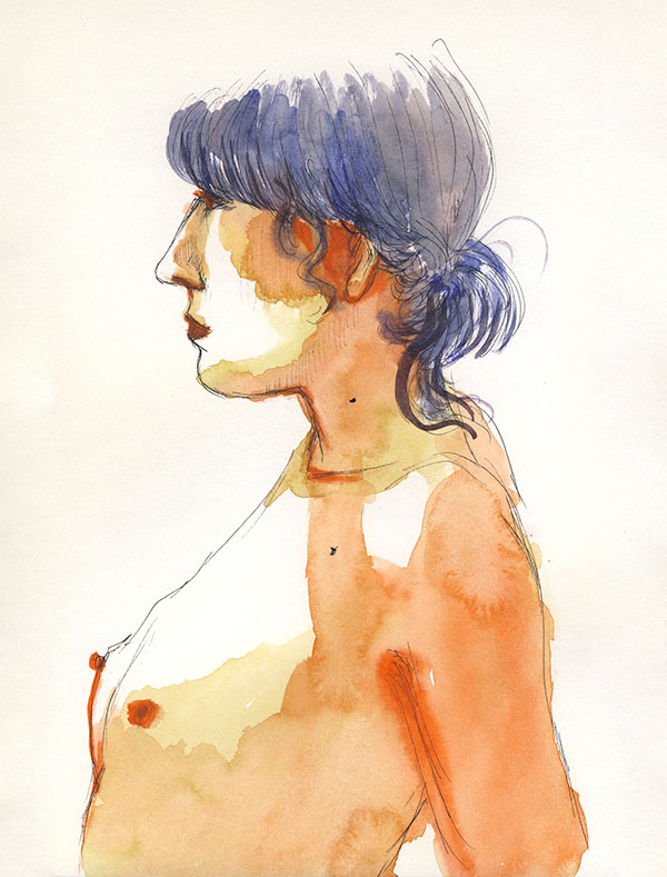 dessin de nu, atelier de modèle vivant, femme de profil portrait, aquarelle orange bleu