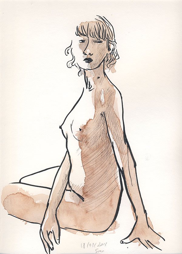 dessin de nu, atelier de modèle vivant, femme port de tête, aquarelle sépia