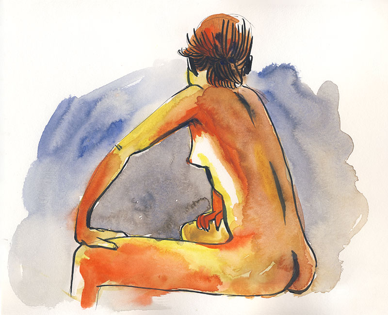 dessin de nu, atelier de modèle vivant, femme de dos assise, aquarelle orange rouge bleu