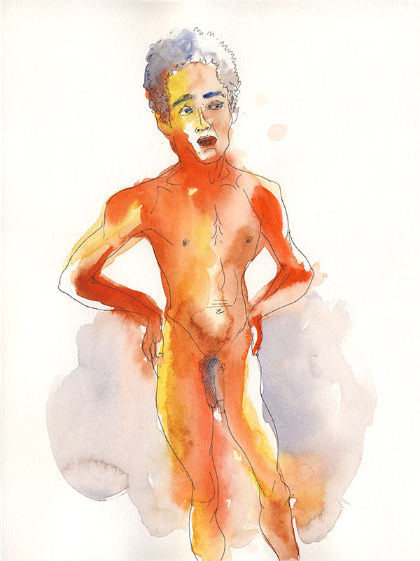 pose debout, nu masculin, aquarelle