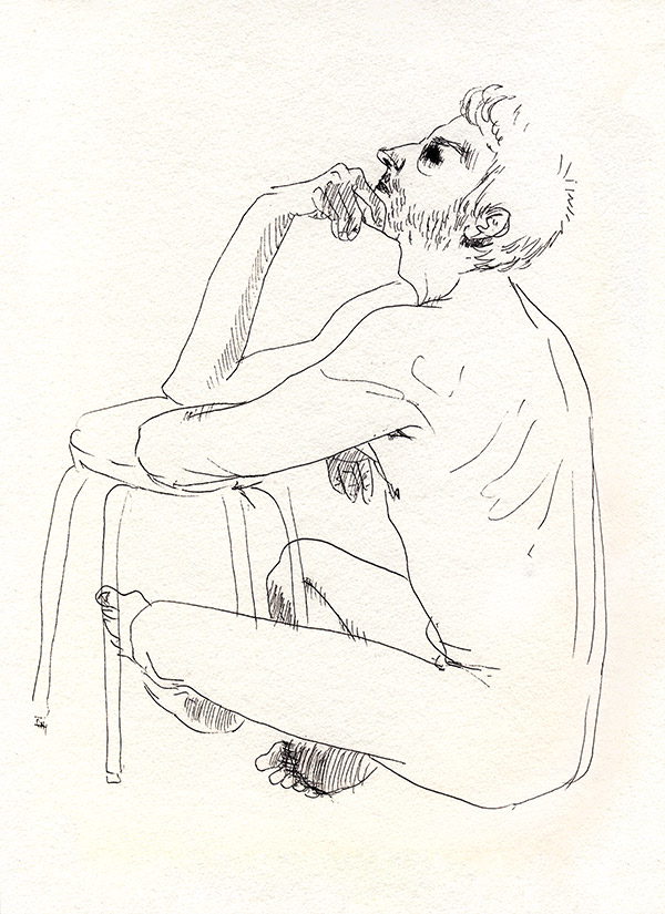 dessin de nu masculin assis pensif, paris, noir et blanc, tabouret