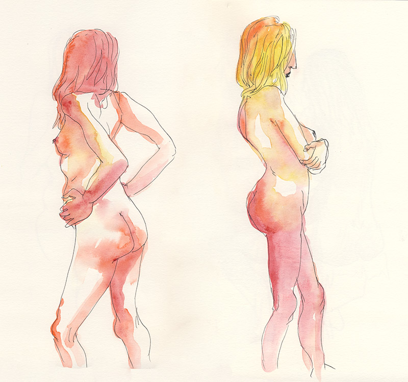 femme nue debout dessin d'observation paris aquarelle