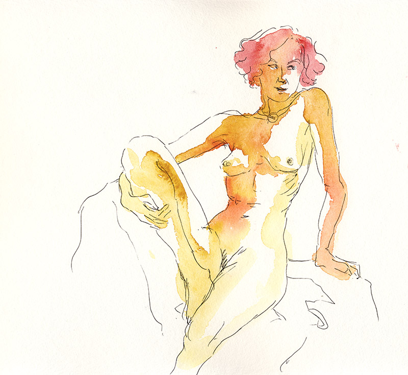 dessin de nu féminin assis aquarelle