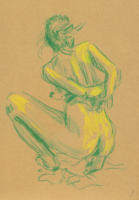 dessin de nu en vert et jaune, femme