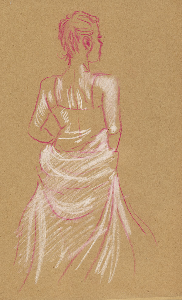 femme de dos dessin pastel rose