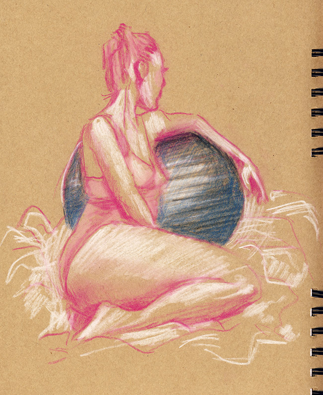 grande chaumière nageuse balle assise femme pastel dessin