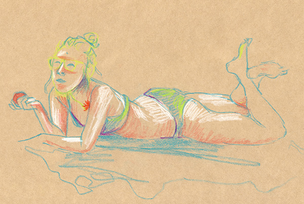 femme plage dessin pastel mandarine