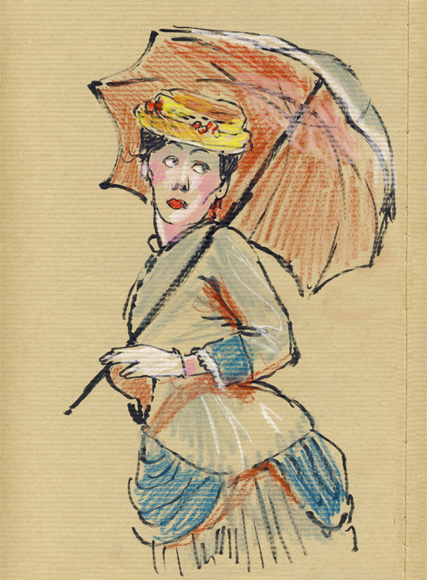 dessin pastel, grand magasin, belle époque, femme ombrelle