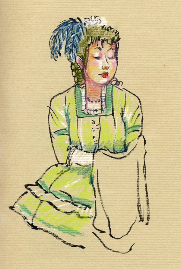 dessin pastel, grand magasin, belle époque, femme en vert, plume